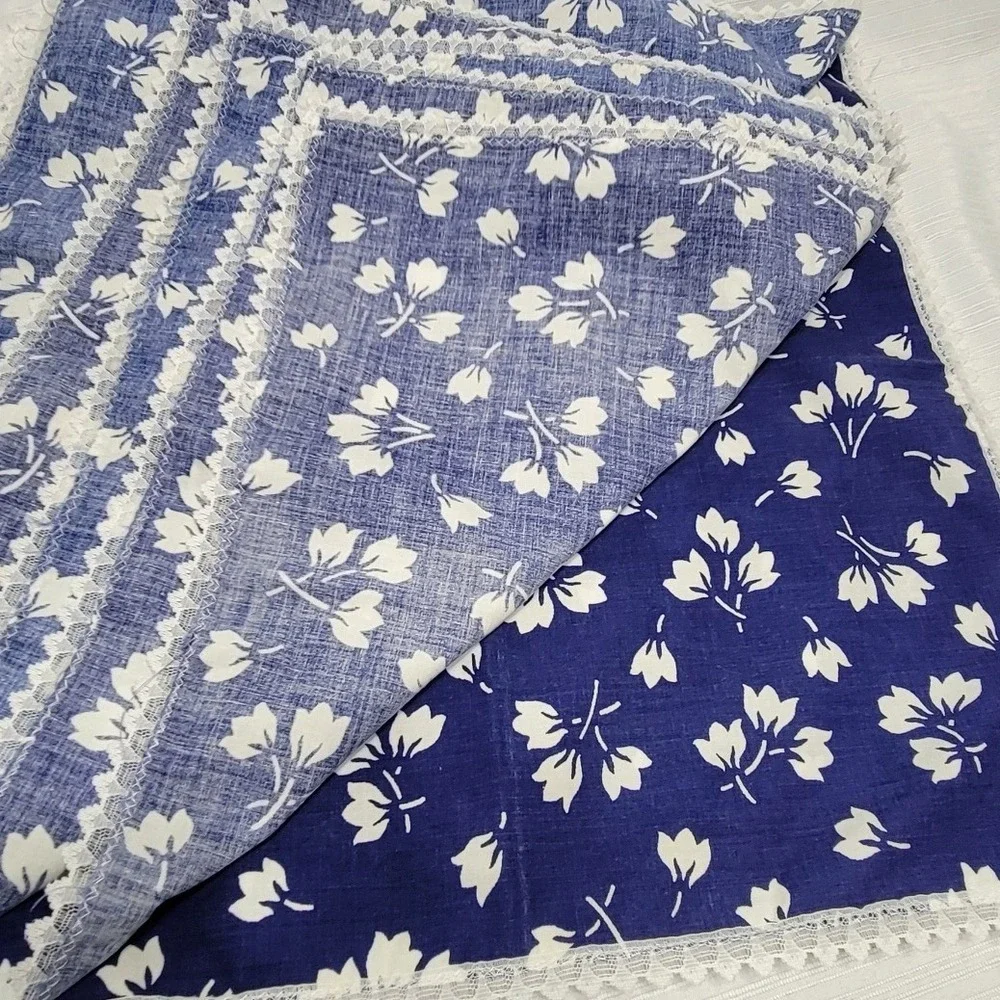 Vintage Blue White Floral Cloth Napkins Set of 8 Lace Trim Farmhouse Cottagecore
